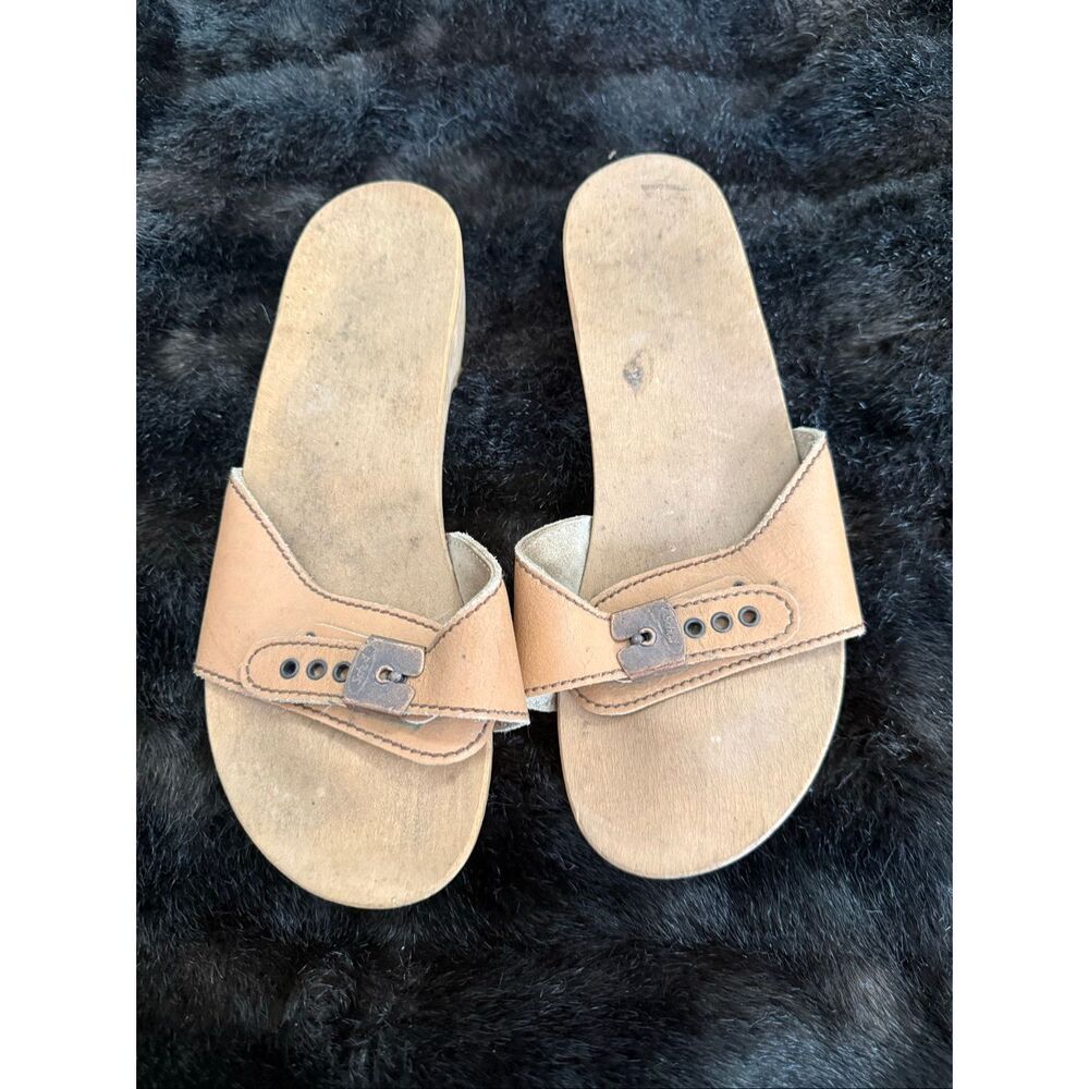 Vintage Dr Scholls Wooden Soles Exercise Sandals Tan Women's Size 9 Y2K